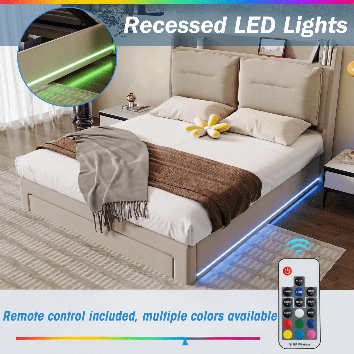 5ft King Size Upholstered Storage Bed – Velvet Hydraulic Bed with End Drawers, LED Light Strips