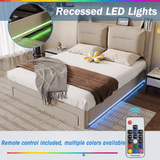 4ft6 Double Velvet Ottoman Bed - Upholstered Storage Bed with LED Lighting & End Drawers, Beige