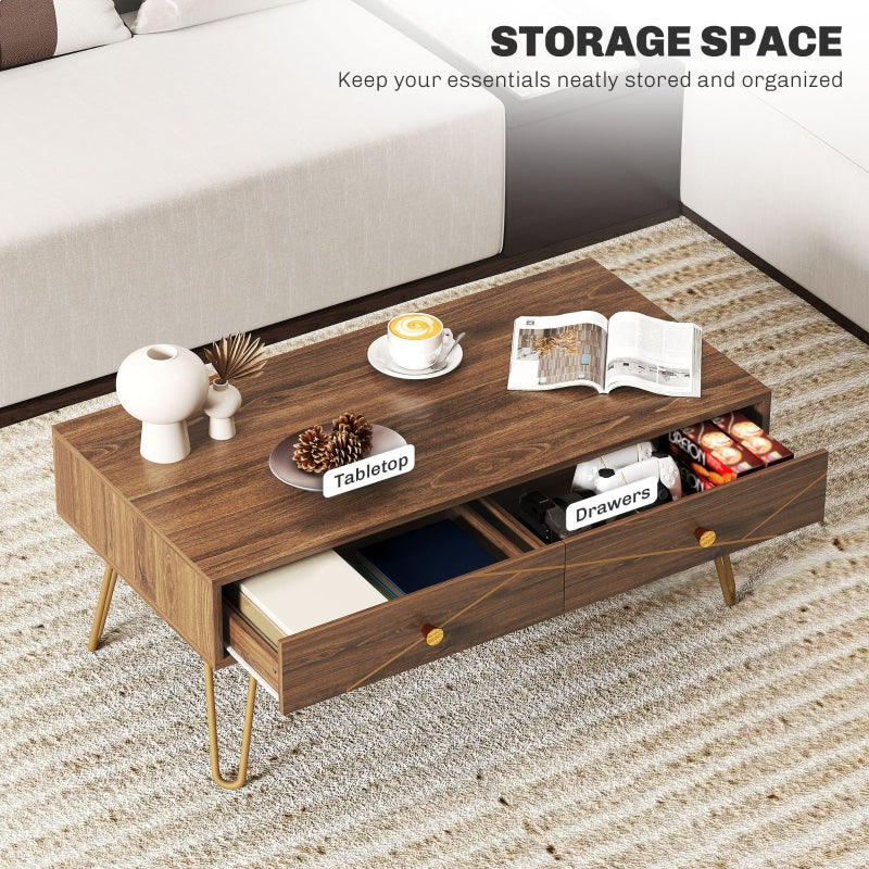 Coffee Table with Storage and Drawers, Rectangular Tea Table, Steel Base, Brown