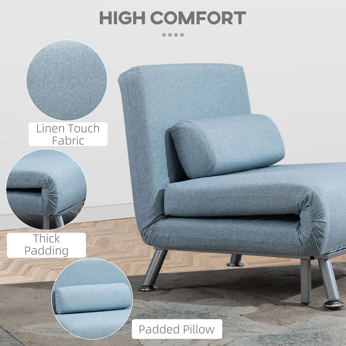 Linen Chair Bed, 3-in-1 Convertible Sleeper Chair with Adjustable Backrest, Sky Blue