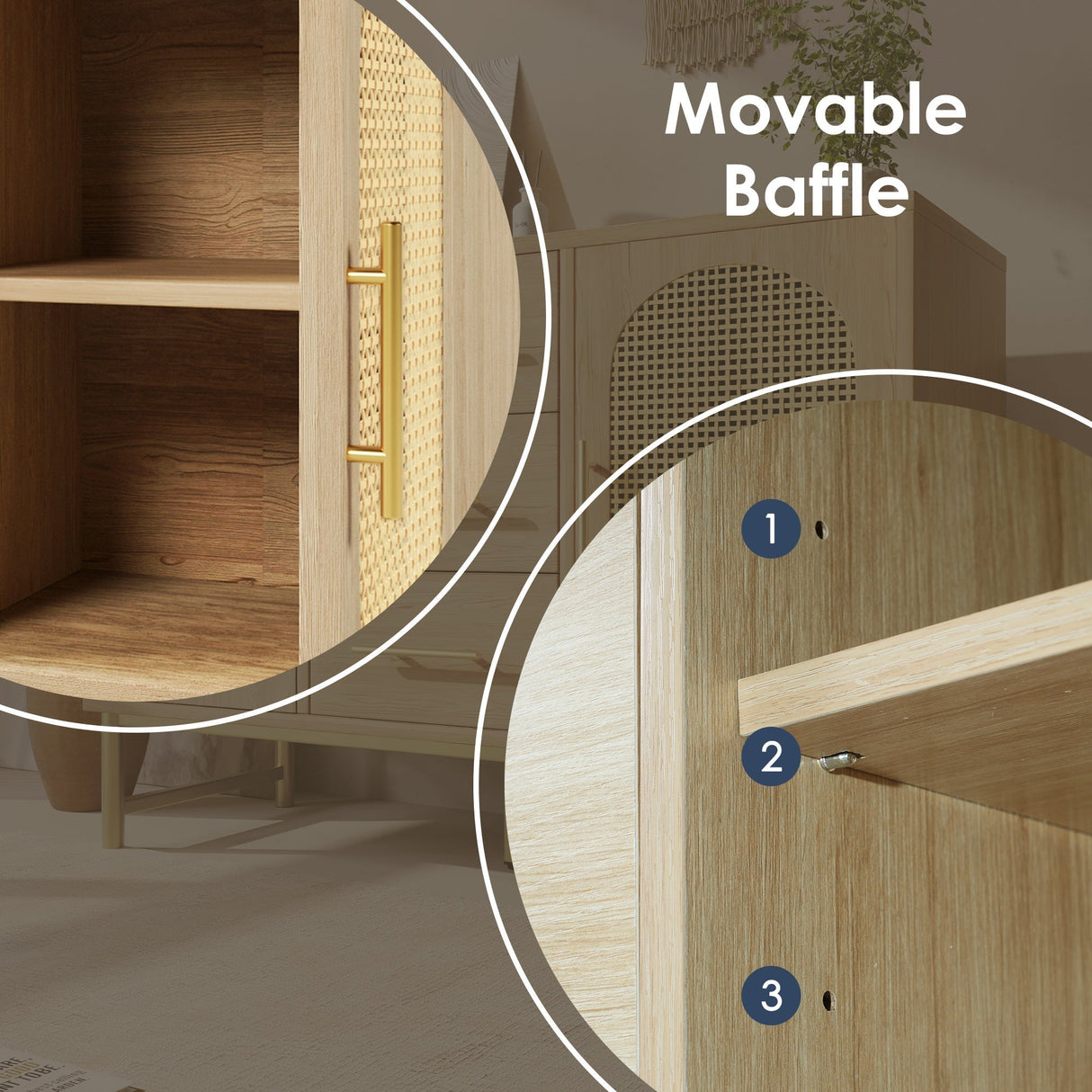 Rattan Sideboard Storage Cabinet with 2 Doors & 3 Drawers, Metal Handles, Adjustable Shelves, Oak