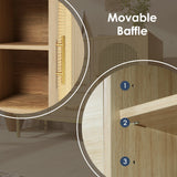 Rattan Sideboard Storage Cabinet with 2 Doors & 3 Drawers, Metal Handles, Adjustable Shelves, Oak