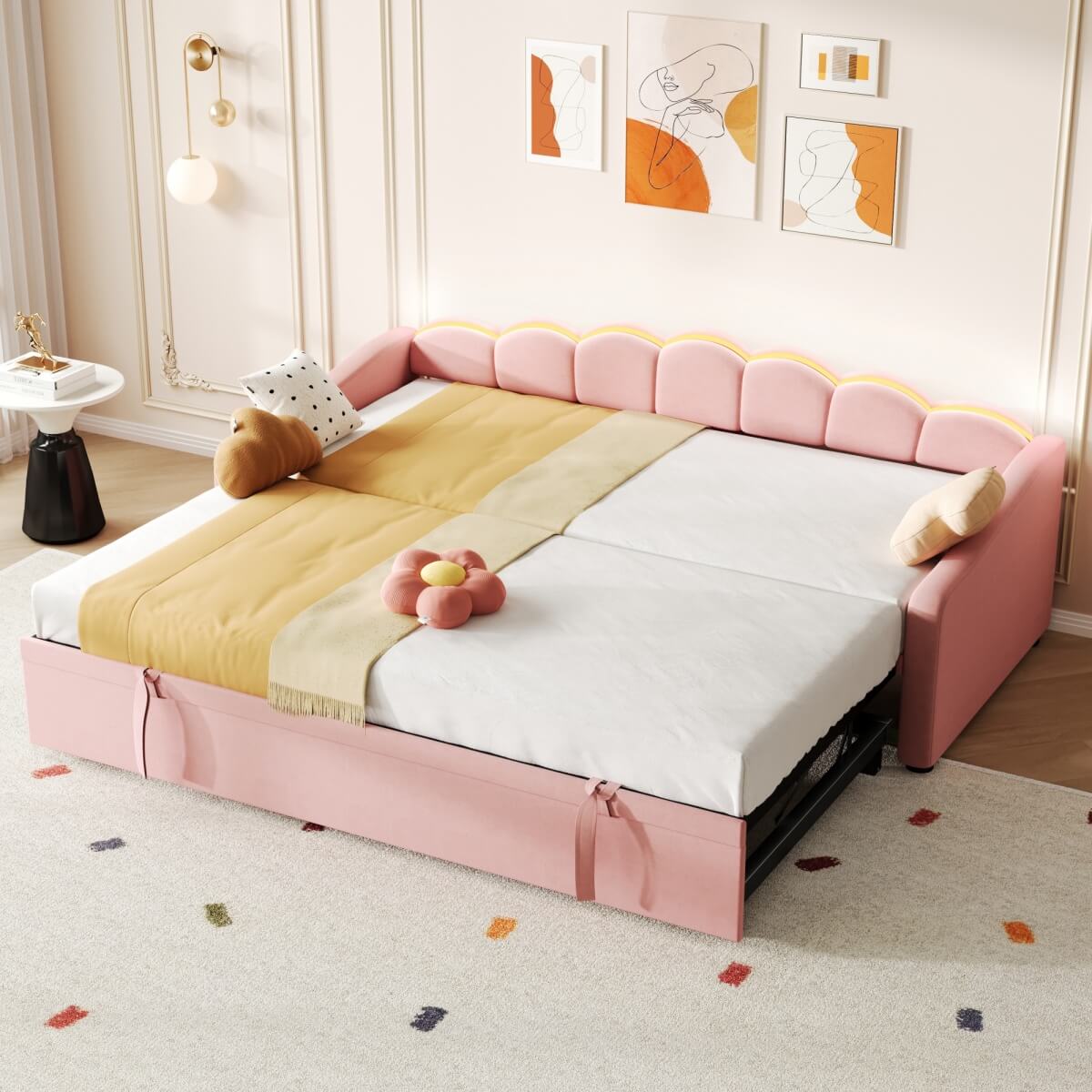 3ft Single Velvet Daybed with Pull-Out Trundle Bed - Petal-Shaped Upholstered Bed Frame with RGB LED Lights, Pink