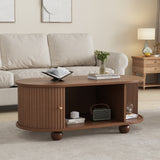 Oval Coffee Table – Oak MDF with 2 Sliding Doors, Hidden Storage Compartment