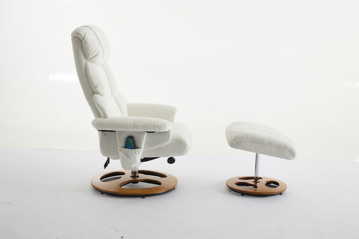 Chenille Upholstered Massage Recliner with Ottoman Footstool, 5 Points Massager, White
