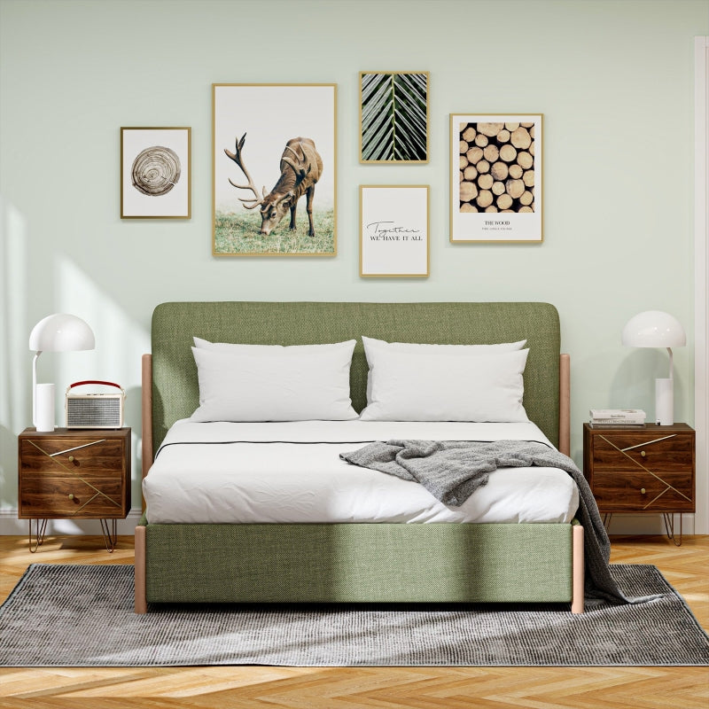 Bedside Tables, Modern Set of 2 with 2 Drawers and Steel Hairpin Legs, Brown Wood Grain