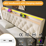 Upholstered Double Ottoman Bed with 360 Surround LED, Hydraulic Storage, Charging Function, PU, White