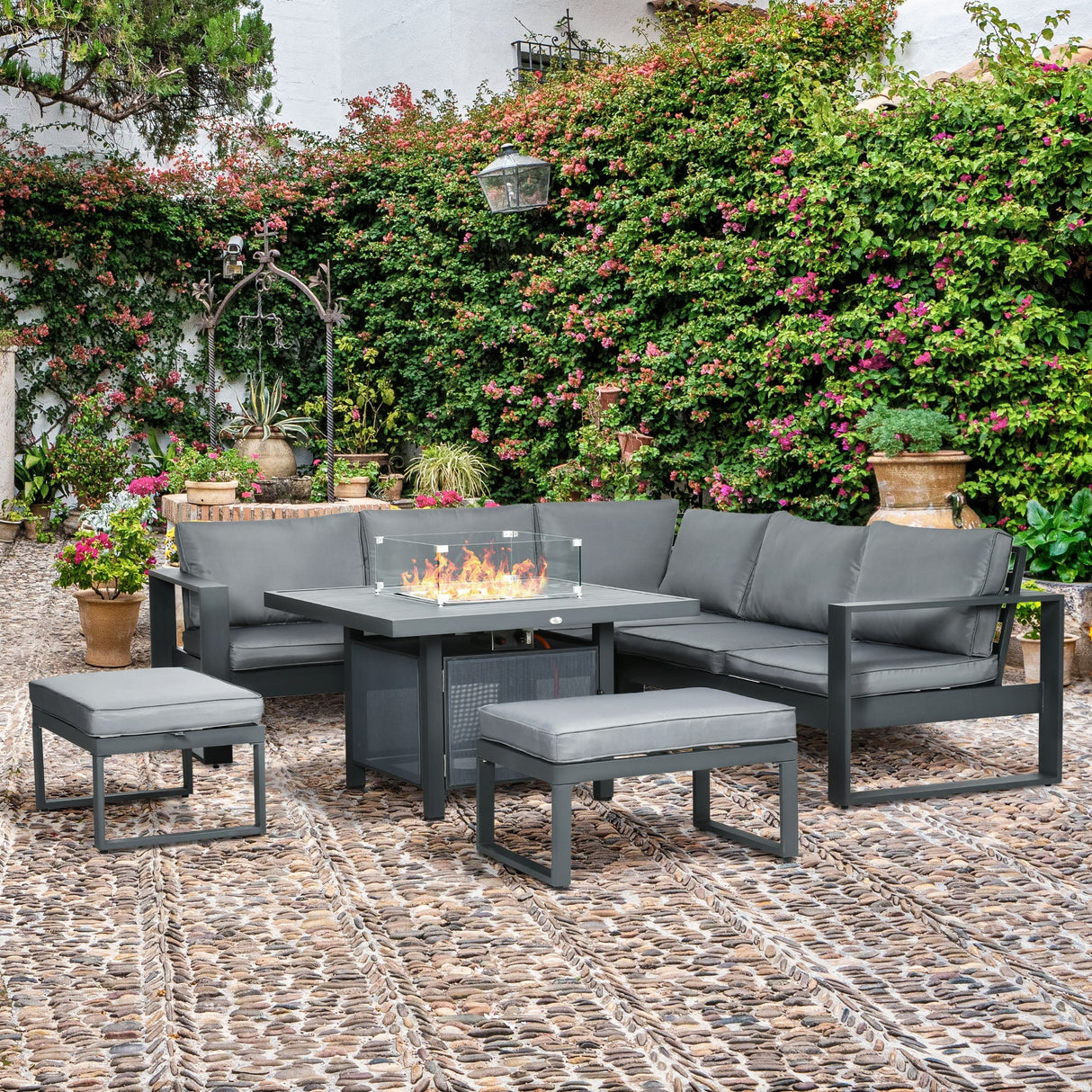 6-Piece Aluminium Garden Furniture Set, Fire Pit Table Outdoor Sofa with Cushions, Grey