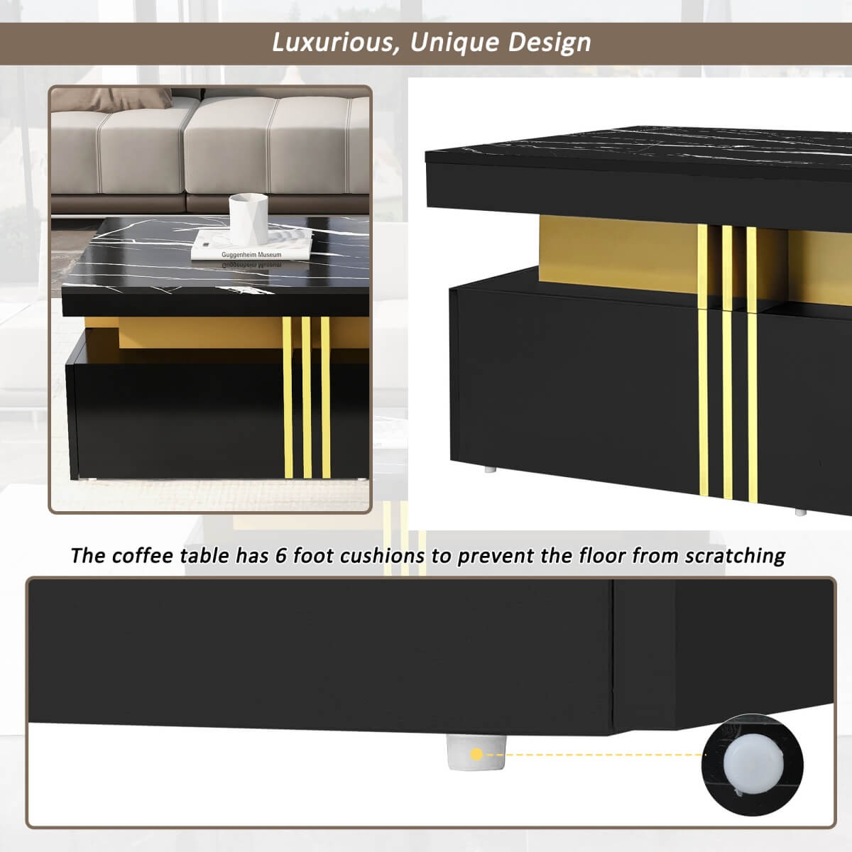 Black Rectangular Coffee Table - Marble Effect Top, 2 Wooden Drawers, 100x50x40cm