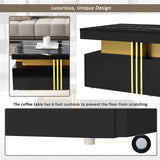 Black Rectangular Coffee Table - Marble Effect Top, 2 Wooden Drawers, 100x50x40cm
