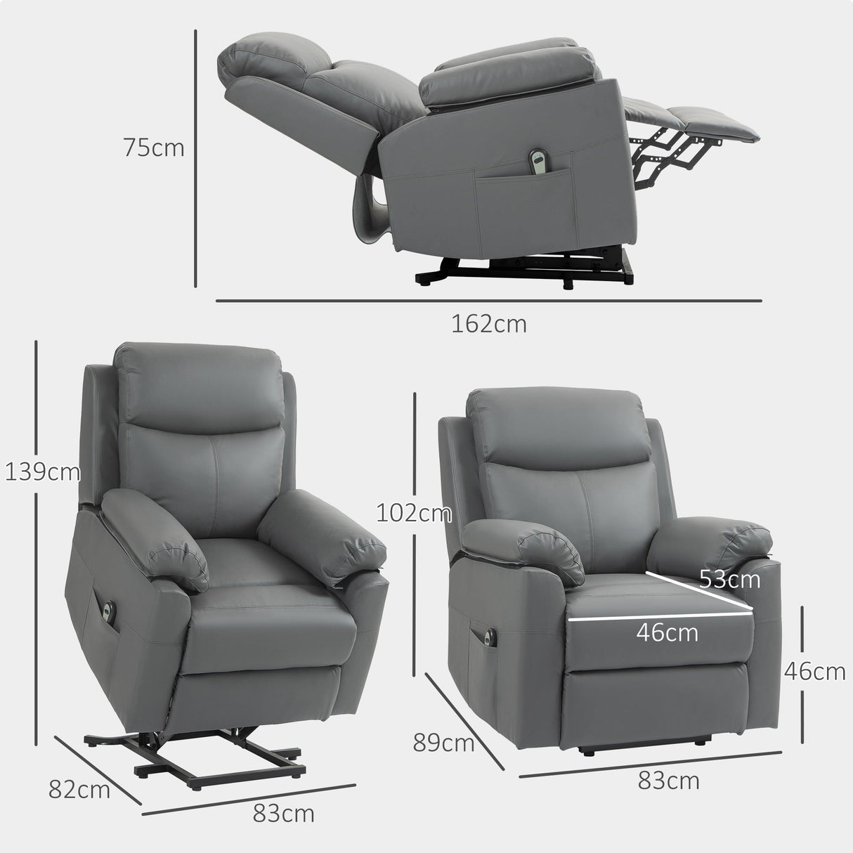 Electric Riser Recliner Chair with 70?? Recline, Faux Leather Charcoal Grey