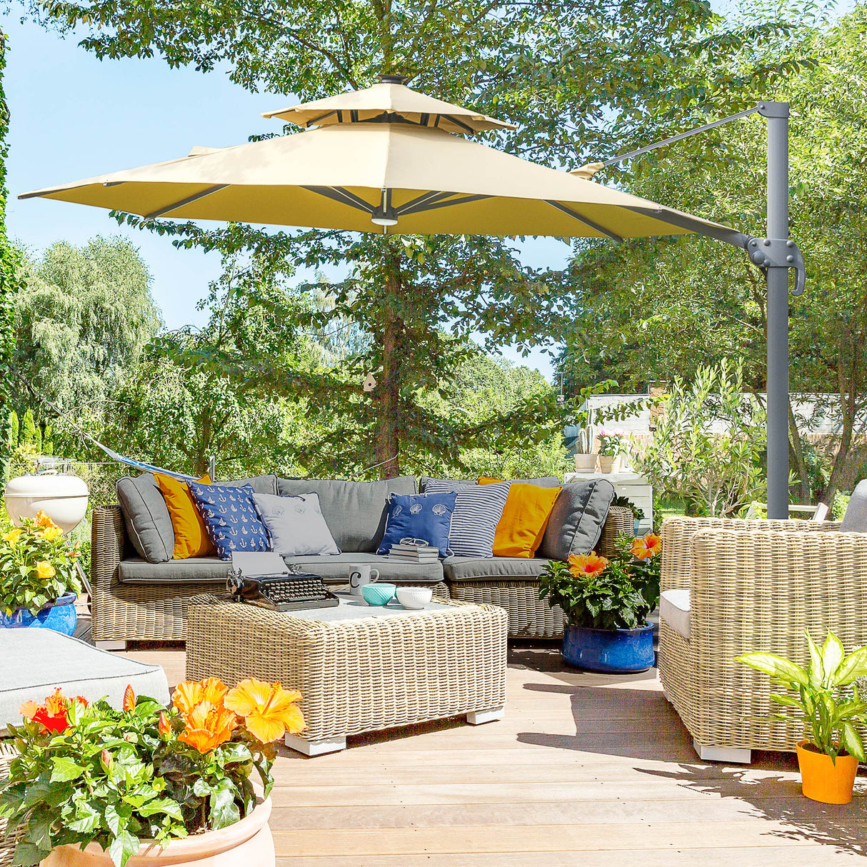 3m Cantilever Parasol, Solar Lights Power Bank Base 360?? Spin, Beige