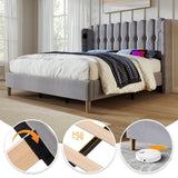 4ft6 Double Upholstered Bed with USB Charging - Grey Linen Bed Frame