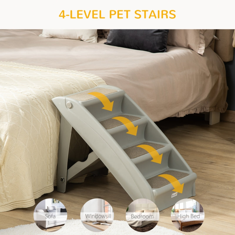 Foldable Four-Step Pet Stairs, Non-Slip Mats - Grey