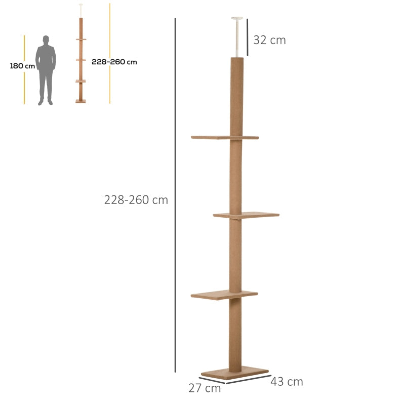Cat Tree 260cm Floor To Ceiling, Three Platforms Activity Centre - Brown
