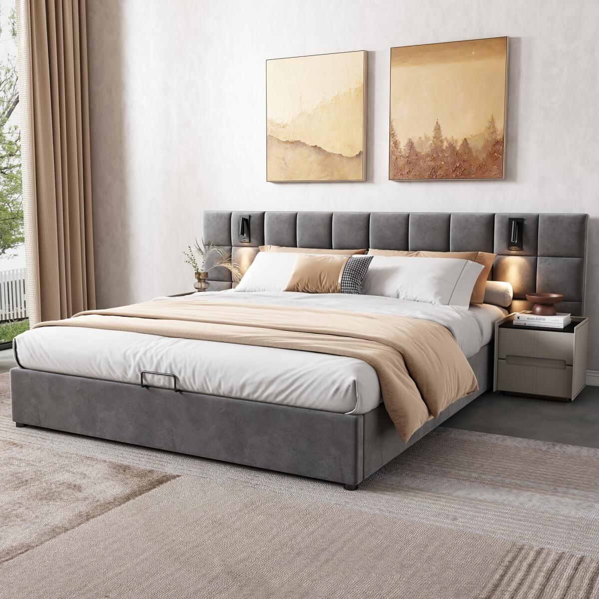 4ft6 Double Velvet Ottoman Storage Bed with USB Charging & Reading Light - Wide Headboard, Grey