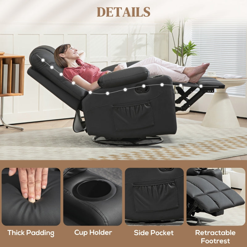 Manual Reclining Chair, Swivel Armchair with Footrest and Cup Holders, Black Faux Leather