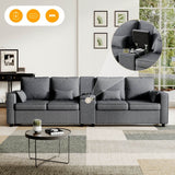 4-Seater Modern Sofa - Grey Linen, Storage Console, Cup Holders & USB/Type-C Charging