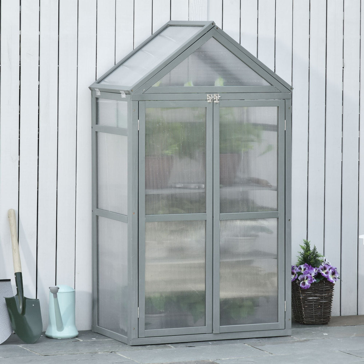 Garden Cold Frame Polycarbonate Greenhouse with Adjustable Shelves, Double Doors, Openable Top, Grey