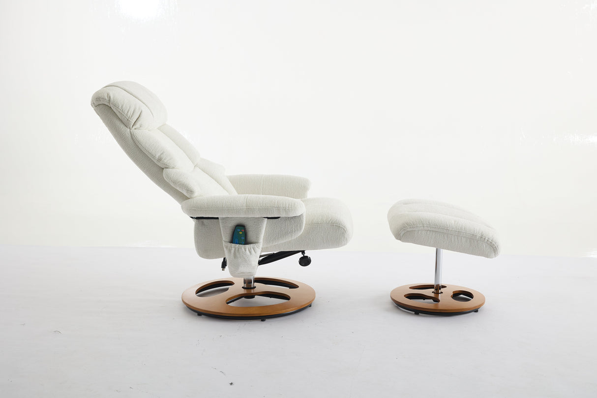Chenille Upholstered Massage Recliner with Ottoman Footstool, 5 Points Massager, White