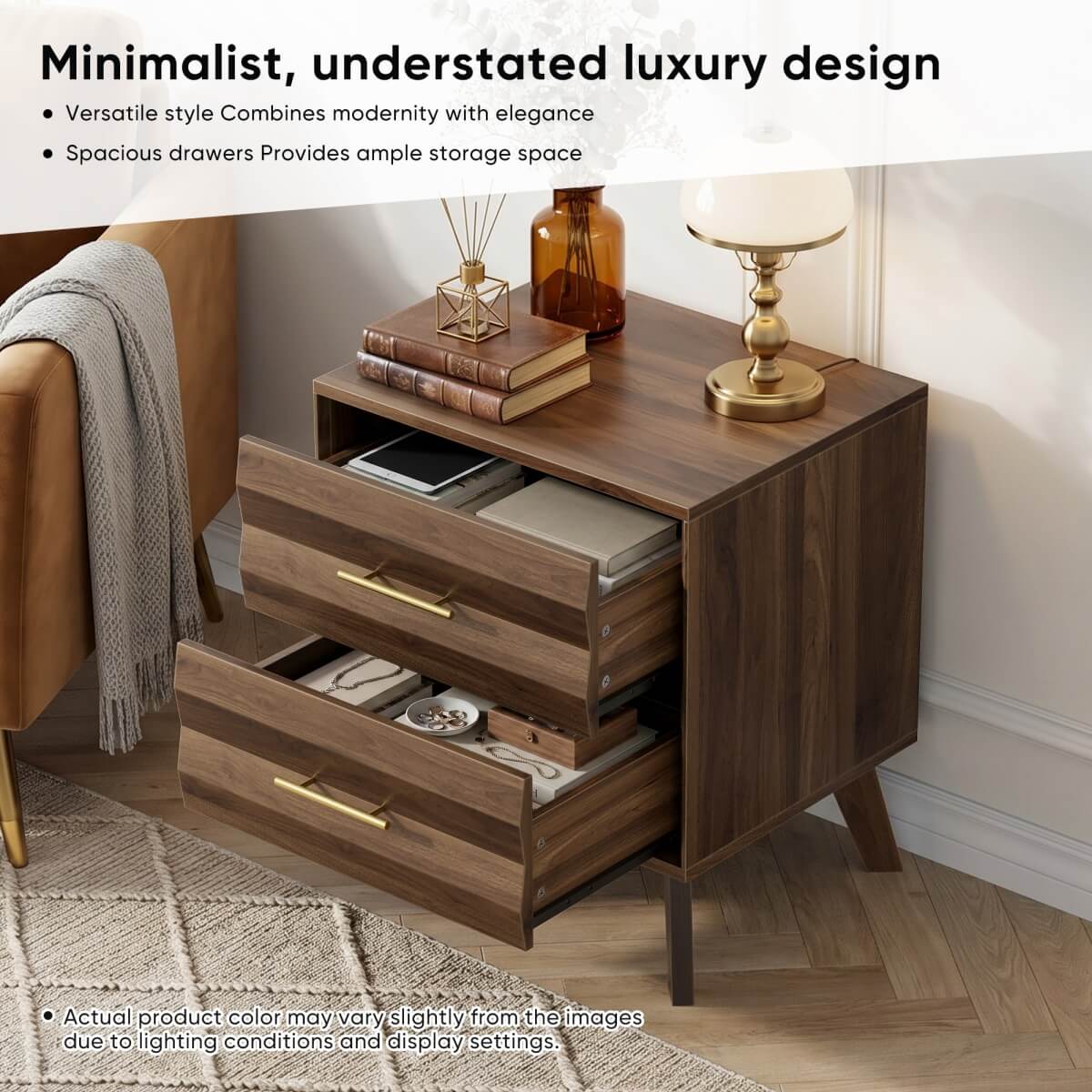 Single Bedside Table with 2 Drawers - Modern Bedroom Storage Cabinet with Metal Handles, Walnut Effect