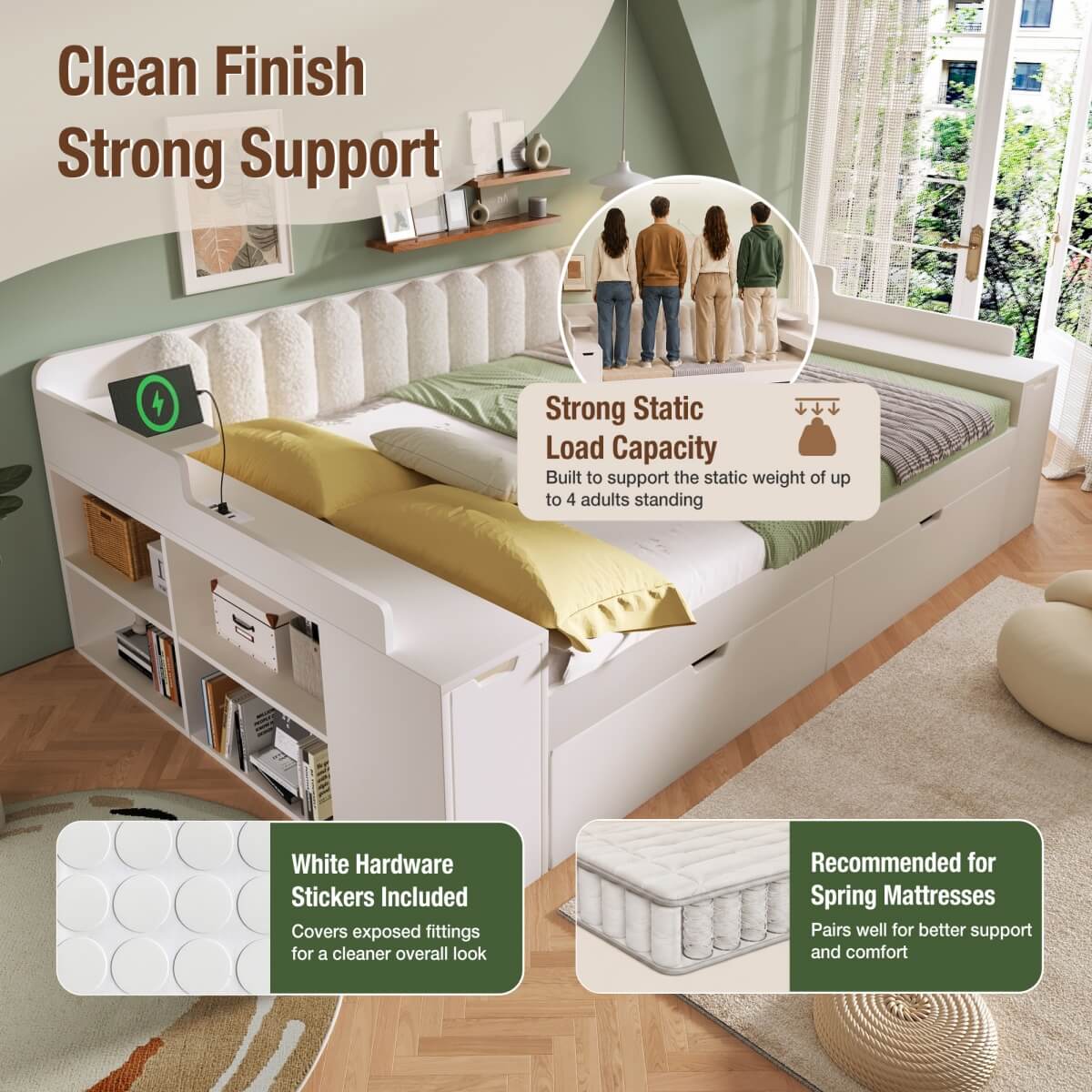 4ft6 Double Wooden Daybed with Side Storage Cabinet - Multifunctional Sofa Bed with USB and Type-C Charging Station, White