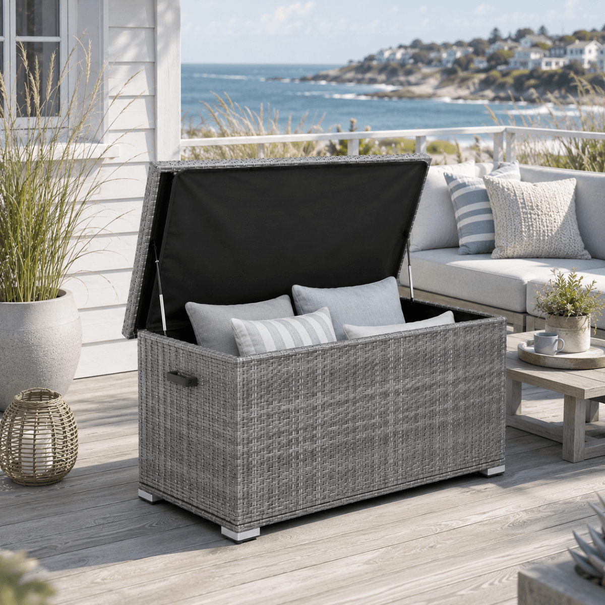 Small Outdoor Rattan Storage Box - Weather-Resistant Garden Storage Chest, Grey