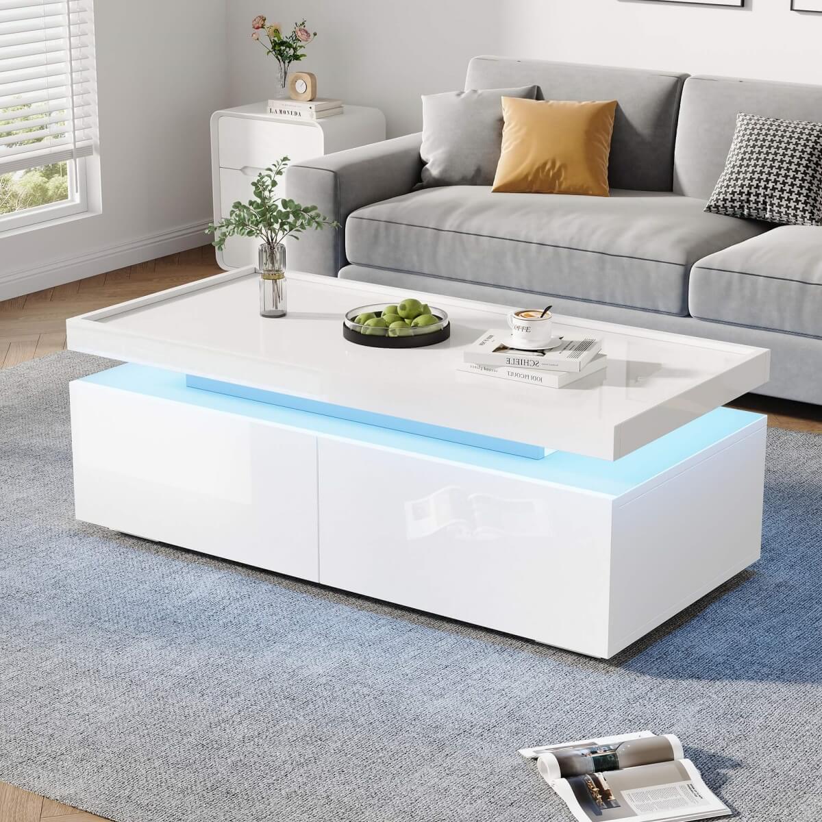 High Gloss Coffee Table with LED Lights - Modern White Storage Table with 2 Drawers