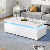 High Gloss Coffee Table with LED Lights - Modern White Storage Table with 2 Drawers
