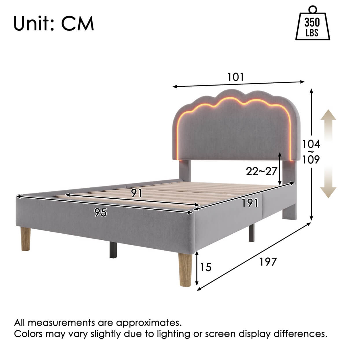 3ft Single Upholstered Bed with LED Lights - Linen Bed Frame with Adjustable Headboard, Grey