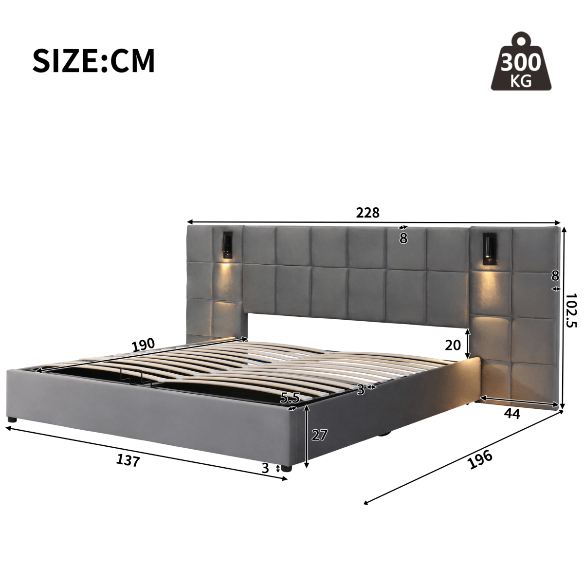 4ft6 Double Velvet Ottoman Storage Bed with USB Charging & Reading Light - Wide Headboard, Grey