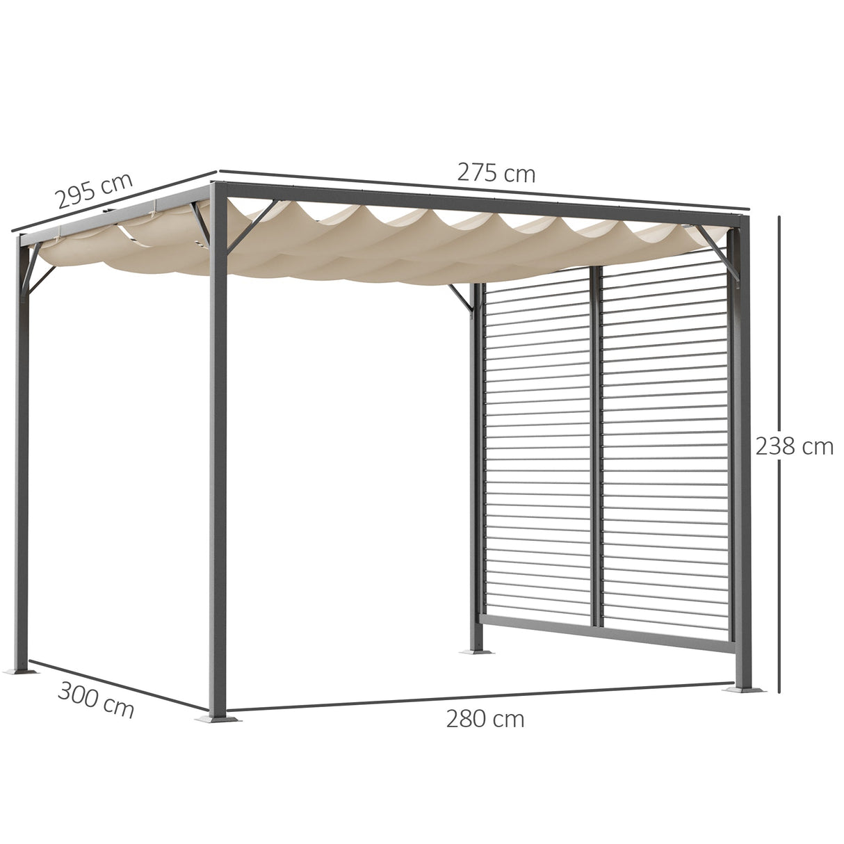 Metal Pergola 3 x 2.8m, Retractable Fabric Roof - Beige