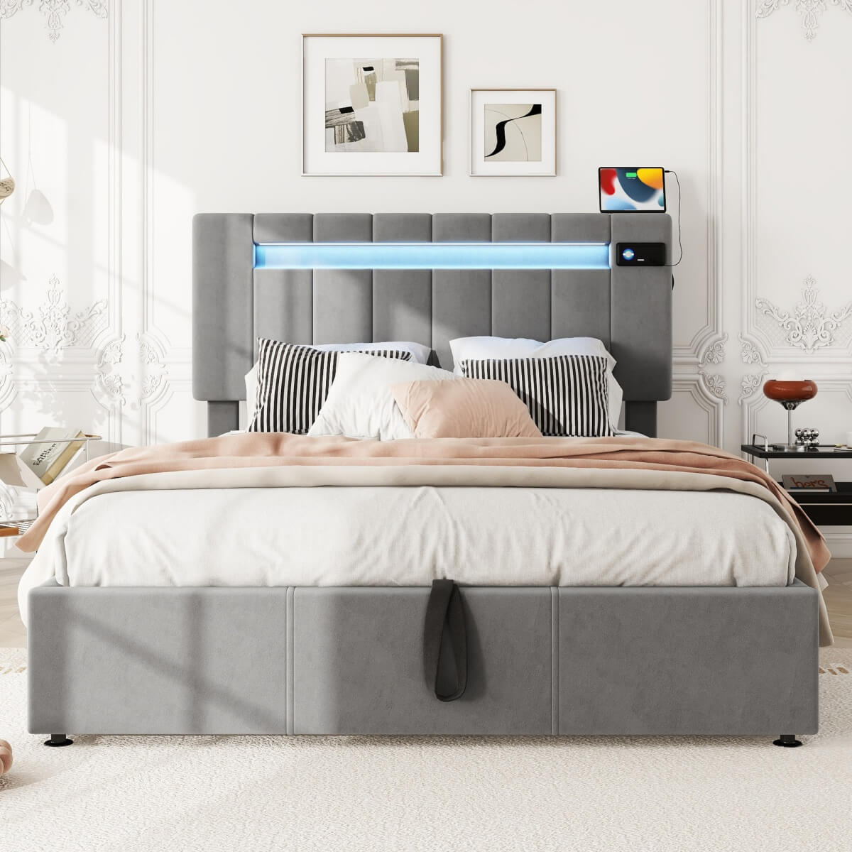 4ft6 Double Velvet Hydraulic Storage Bed - LED Bed with Bluetooth Speaker, USB & Side Pockets, Grey