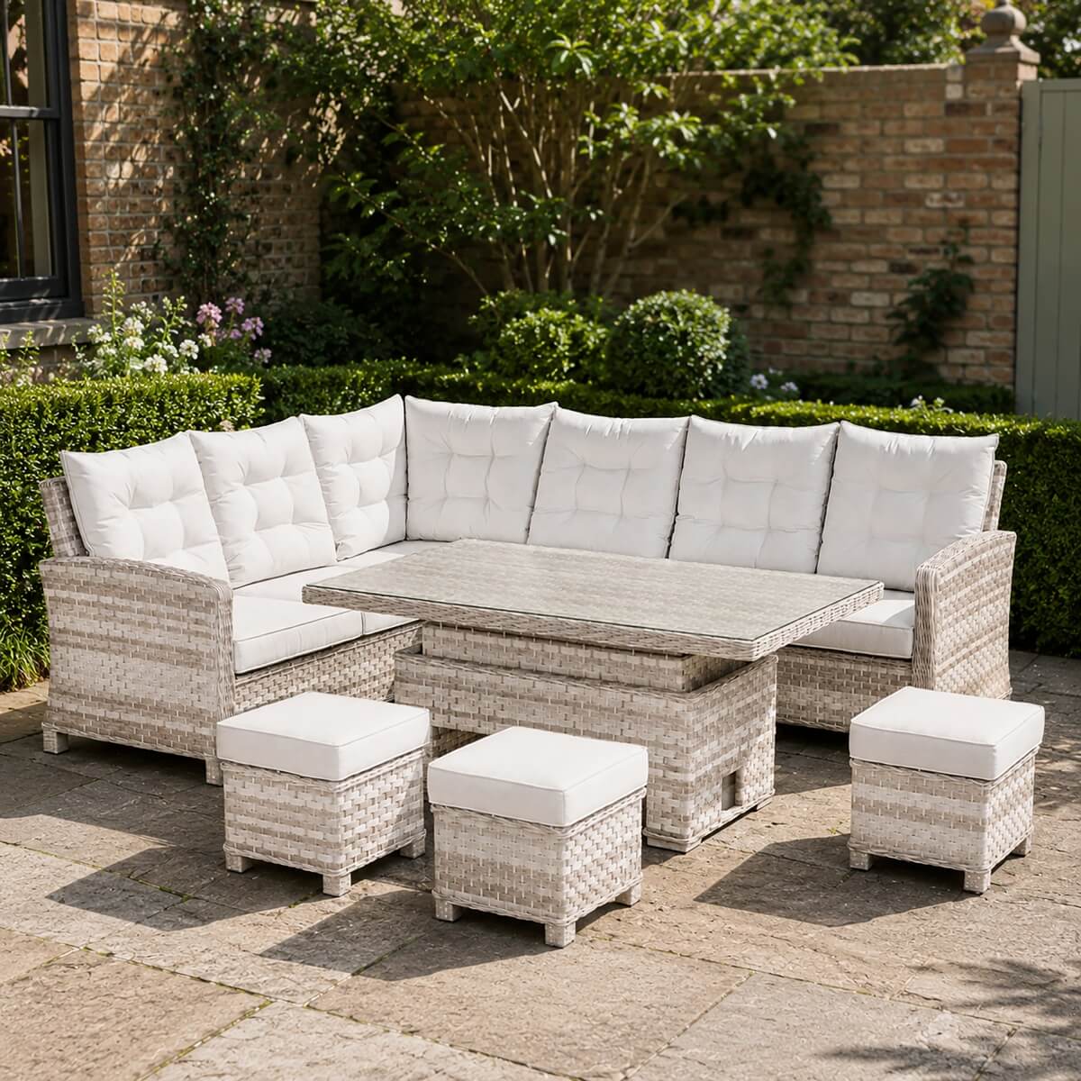 9-Seater Outdoor Corner Sofa Set - Garden Rattan Corner Sofa with Rectangular Lift-Top Table & Footstools