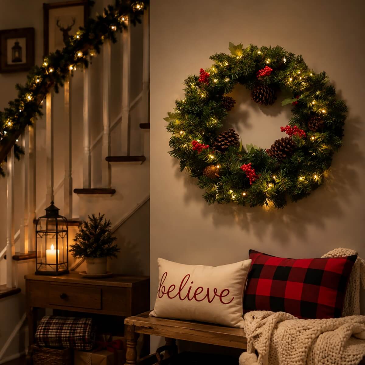 PVC & PE Evergreen Christmas Wreath with Red Berry Clusters & Pine Cones