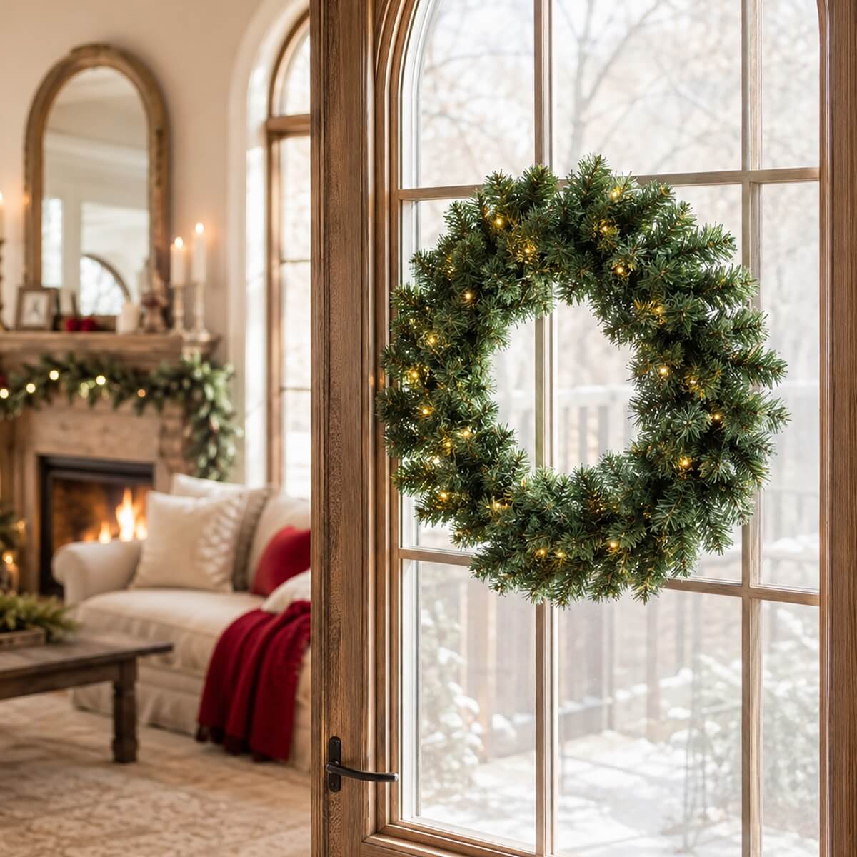 Pre-Lit Artificial Christmas Wreath - Realistic PVC Foliage Wreath with Warm White LED Lights for Door & Home Decoration