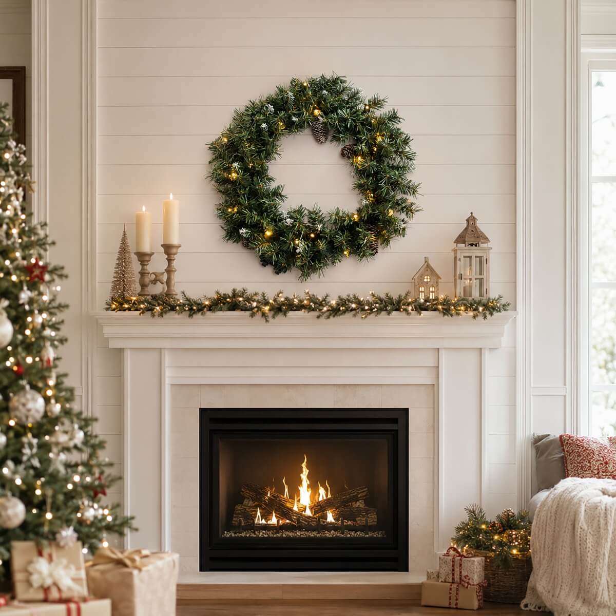 Realistic Christmas Wreath with Pine Cones - Full PVC Foliage Wreath with Pre-Lit LED Lights for Festive Door & Home Decoration