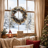 Snow-Flocked Christmas Wreath with Pine Cones & Red Berries - PVC Wreath with Pre-Lit LED Lights