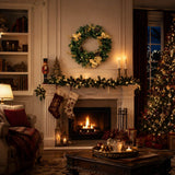 Christmas Wreath with Gold Flowers & Red Berries - PVC Wreath with Pre-Lit LED Lights & Gold Branches