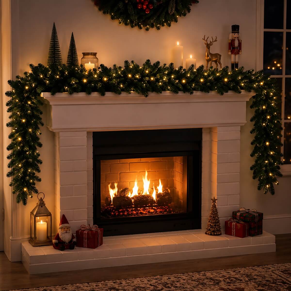 Pre-Lit Christmas Garland - Realistic PVC Foliage Garland with LED Lights for Festive Decoration