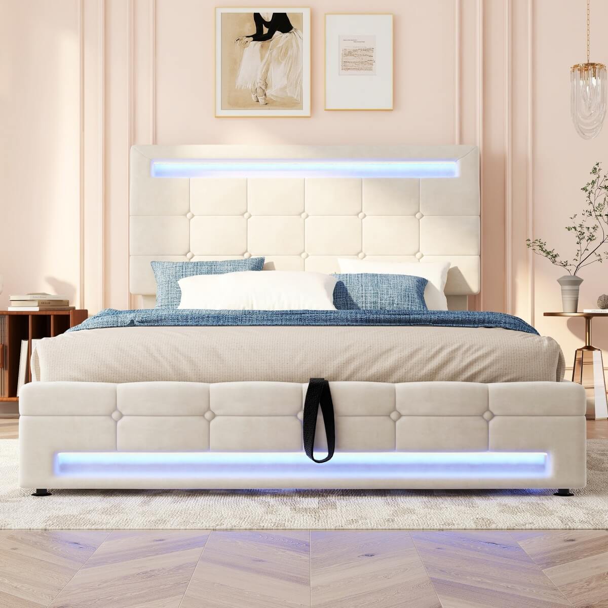4ft6 Double Velvet Hydraulic Storage Bed with LED Lights - Upholstered Bed Frame, Beige