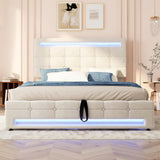4ft6 Double Velvet Hydraulic Storage Bed with LED Lights - Upholstered Bed Frame, Beige