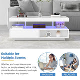 LED Coffee Table with Storage - High Gloss Centre Table with 2 Drawers, White