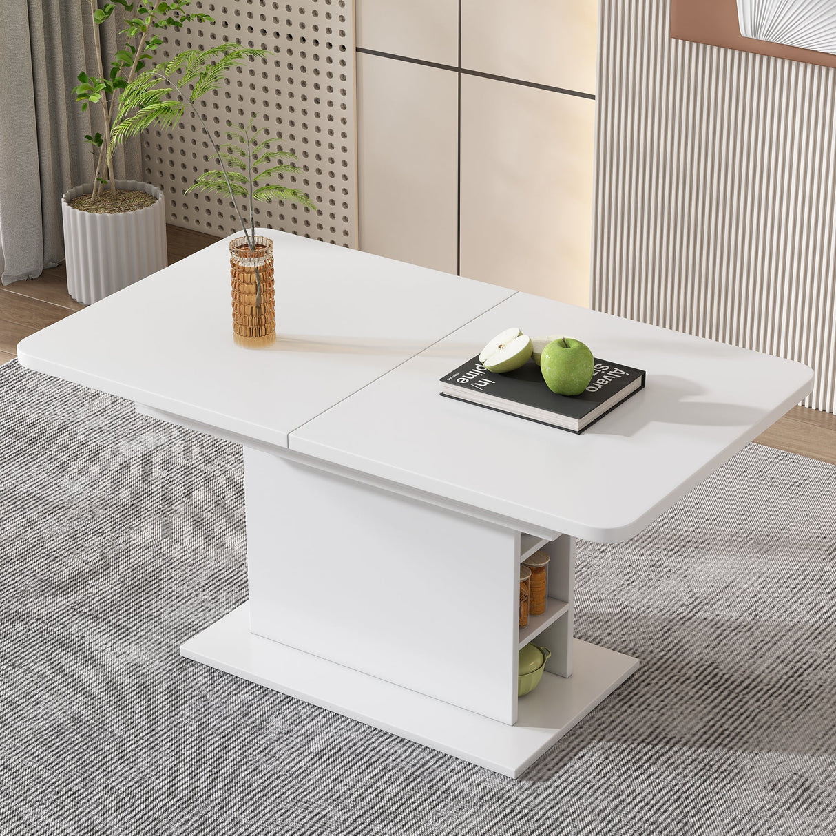 Dining Table - Extendable, Storage, Rectangular, Coffee Leisure, Modern Simple Iron, Space-Saving, Multifunctional - White