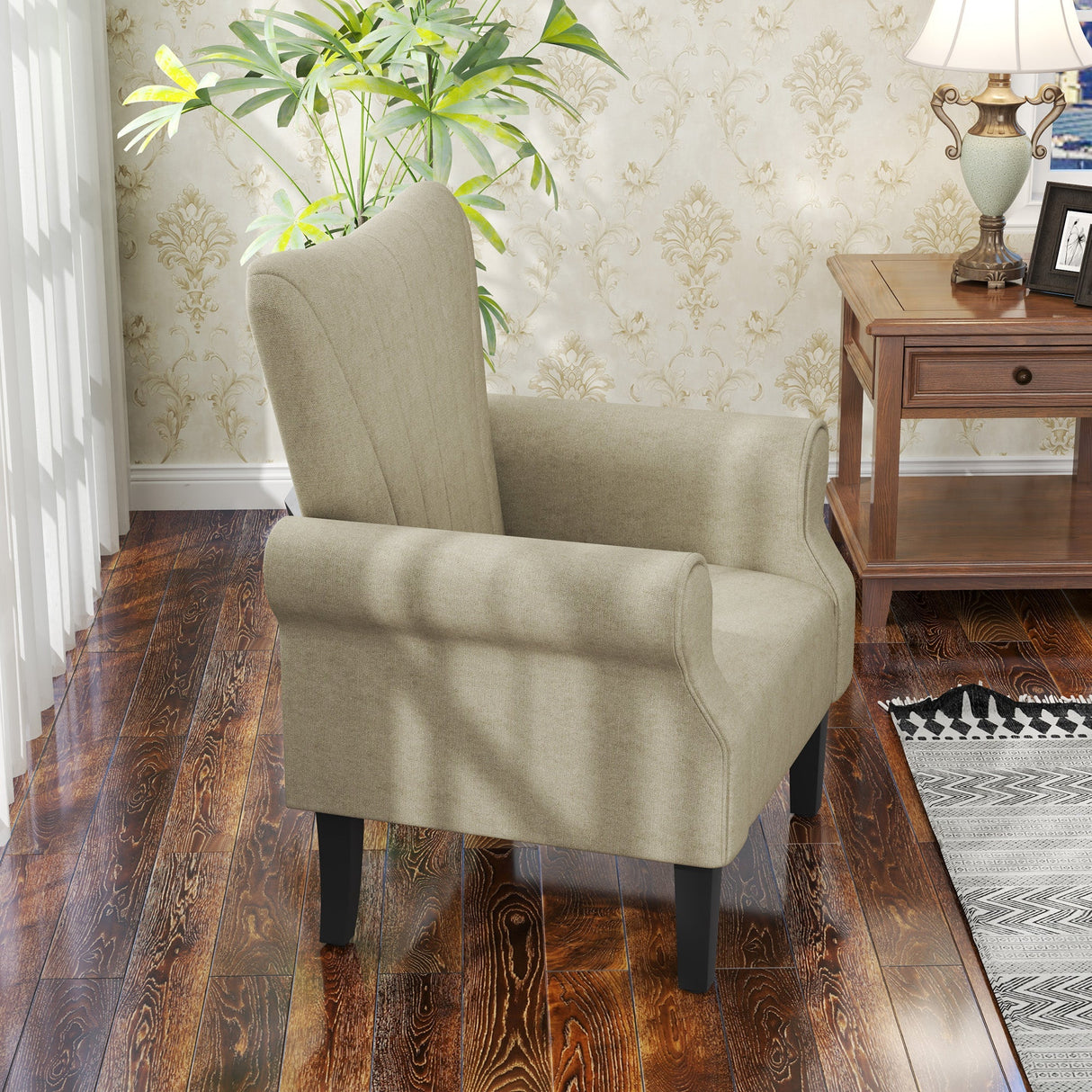Upholstered Accent Chair with Rolled Arms and Wood Legs, Beige