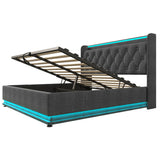 4ft6 Double Ottoman Bed – Grey Linen Upholstered Bed with 360° LED Lighting, Hydraulic Storage and USB Charging