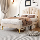 Velvet Upholstered Single Bed, 3ft Shell-Like with Golden Iron Legs and Wooden Slatted Frame, Beige