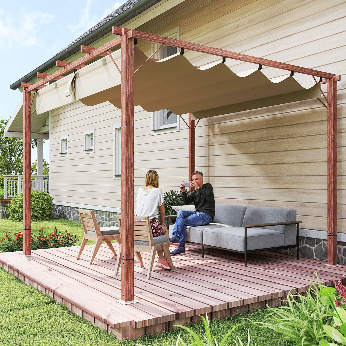 Retractable Roof Pergola 3x3m Natural Wood Finish