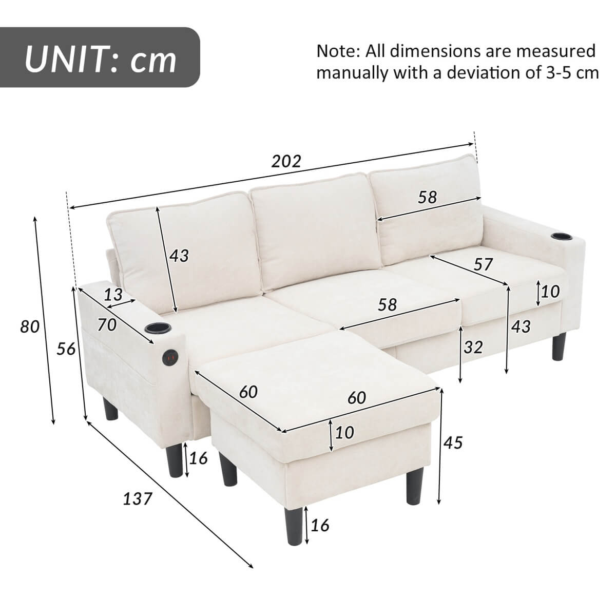 L Shaped Corner Sofa - 3 Seater Sectional Couch with USB & Cup Holder, Beige