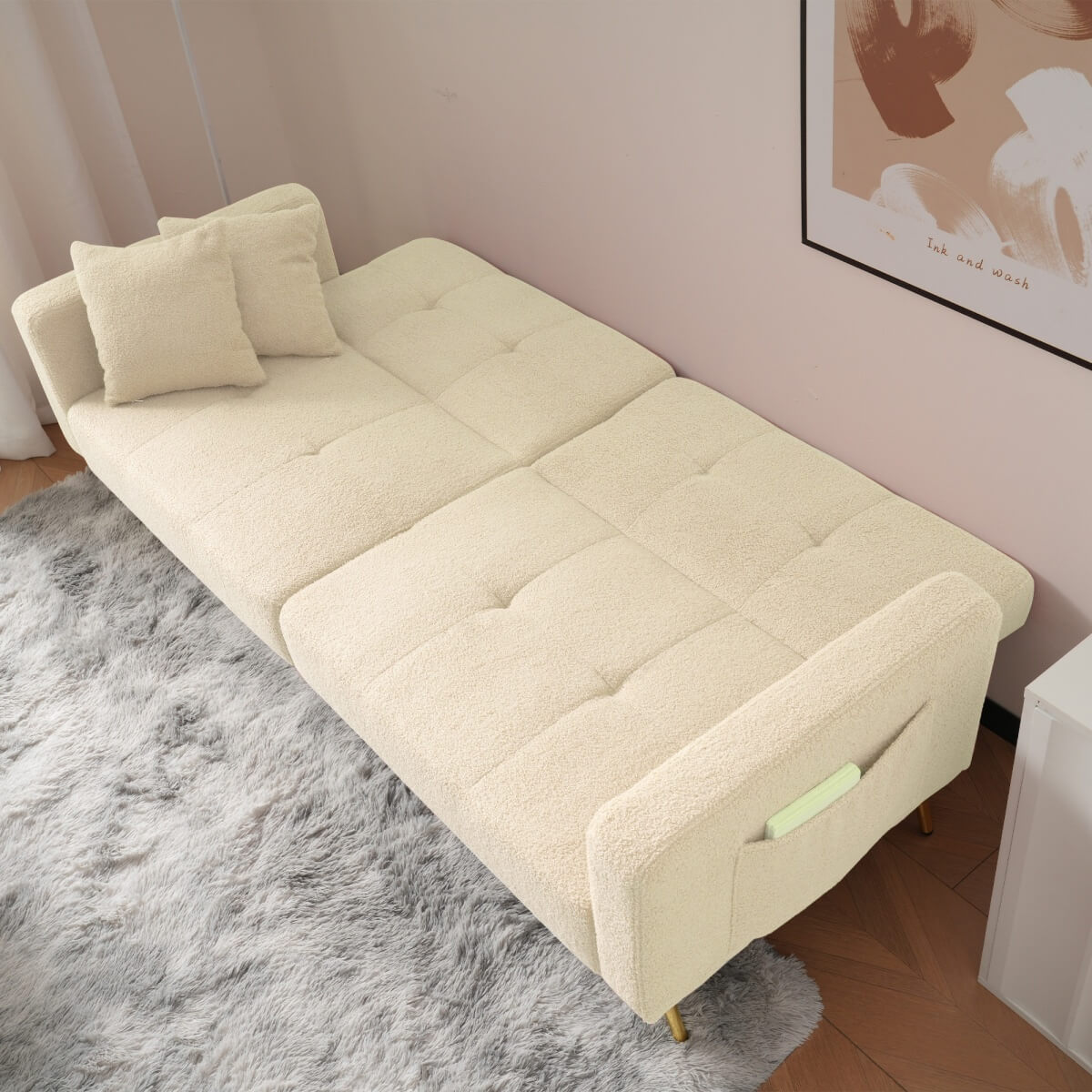 Modern Convertible Sofa Bed - Adjustable Recliner with Gold Legs and Side Storage Pockets, Beige